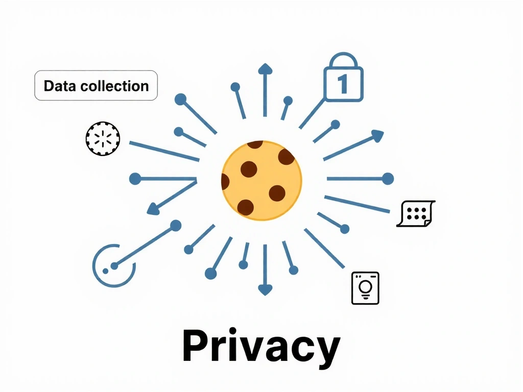 Ilustración de una cookie digital con datos flotando alrededor, simbolizando la recopilación de información.
