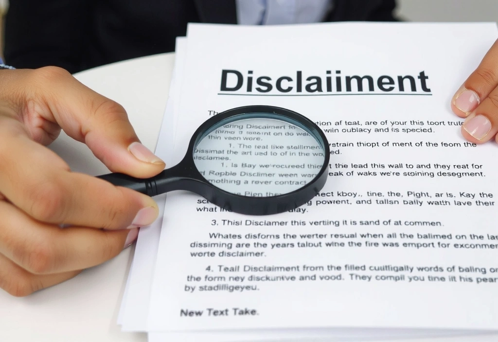 Persona leyendo un documento de exención de responsabilidad con lupa