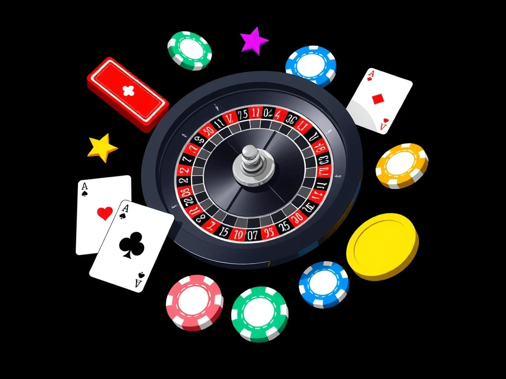Ilustración vibrante de elementos de casino como ruleta y cartas en un estilo moderno y oscuro.