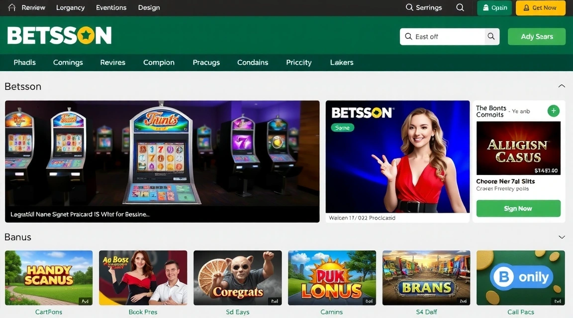 Captura de pantalla de la interfaz principal de Betsson con tragamonedas destacadas.