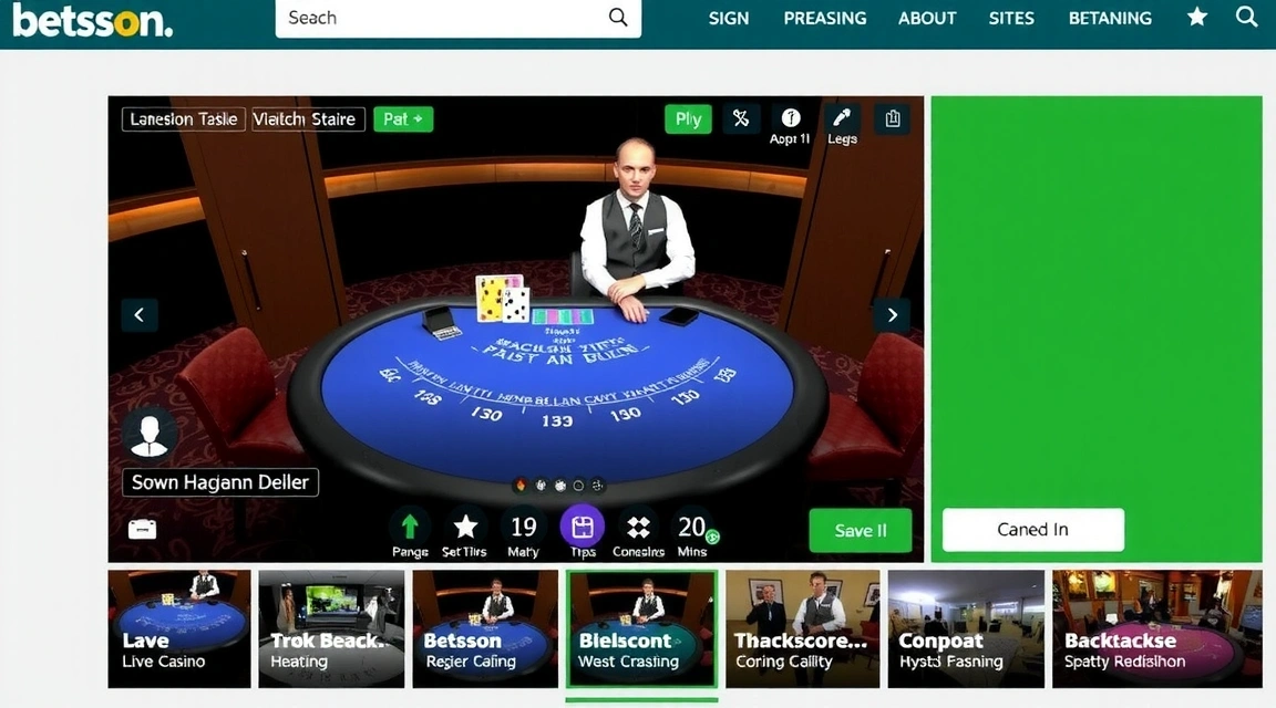 Captura de pantalla del casino en vivo de Betsson, con una mesa de Blackjack y un crupier.